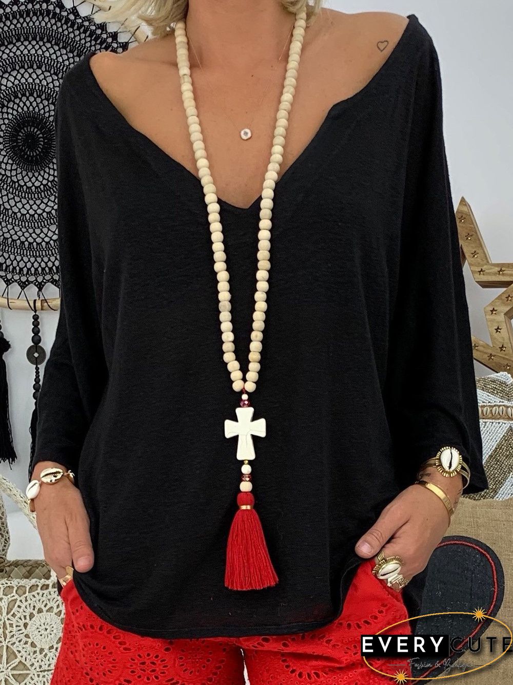 Casual V NeckSolid Cotton T-shirt