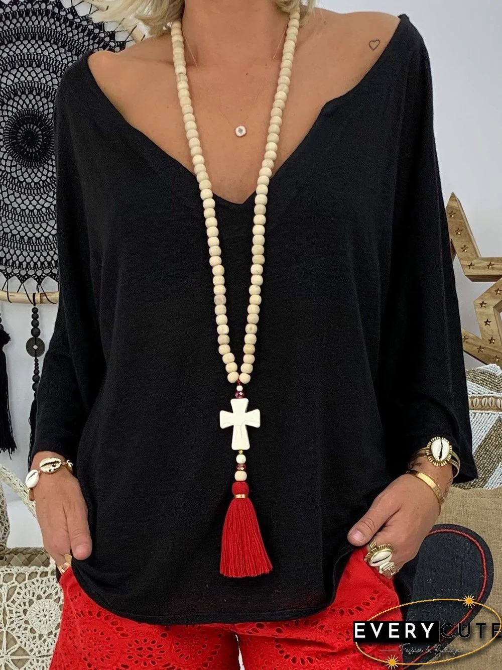 Casual V NeckSolid Cotton T-shirt