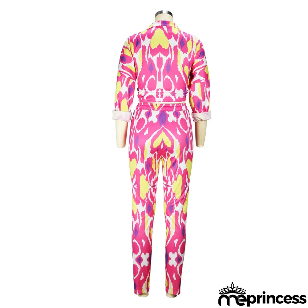 Spring/Summer Knotted Crop Print Turndown Collar Shirt Pants Suit Fall/Winter Women's Two Piece Set