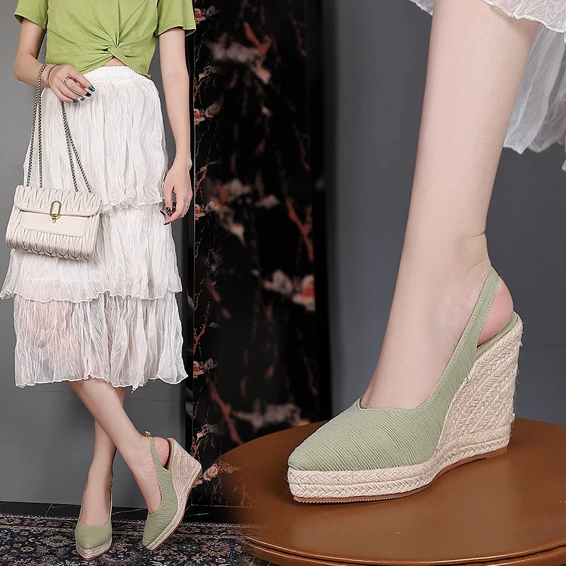 Wongn Wongn Summer Sloping Heel Thick Bottom Pointed Head Head Drag High Heel Women's Shoes After Empty Straw Hemp Rope Bottom Shoes