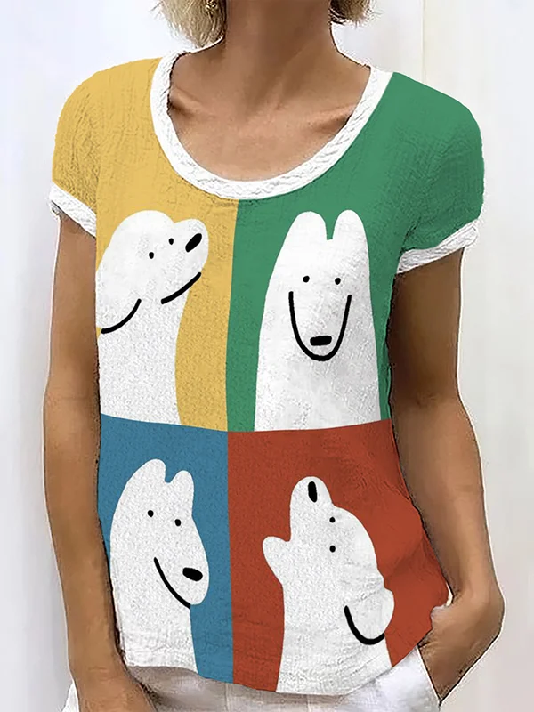Women's Color Block Funny Cute Dogs Illustration Art Print Casual T-Shirt