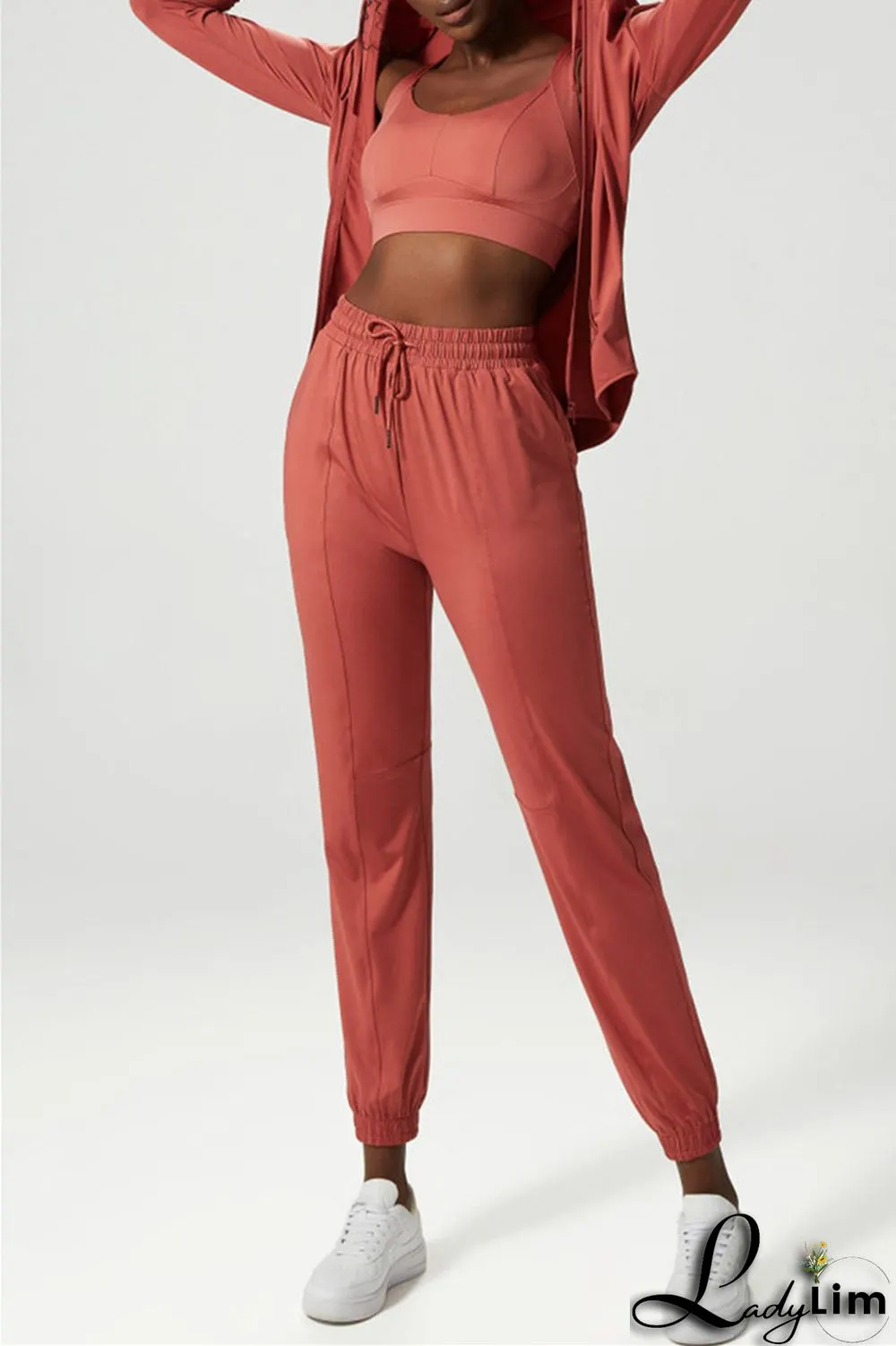 Apricot Casual Sportswear Solid Patchwork Regular High Waist Trousers