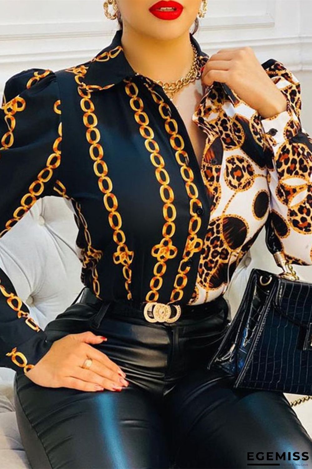 Black Fashion Casual Print Patchwork Turndown Collar Tops | EGEMISS