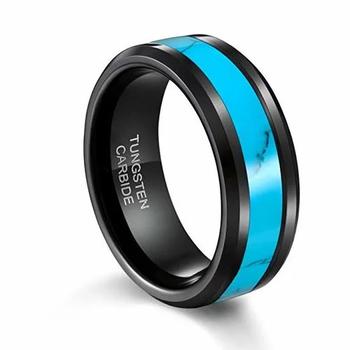 6MM 8MM Men's or Women's Black Tungsten Carbide Blue Turquoise Inlay Tungsten Carbide Wedding Matching Rings