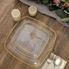 10 Pack | 7" Clear with Gold Rim Square Plastic Dessert Party Plates, Disposable Appetizer Salad Plates