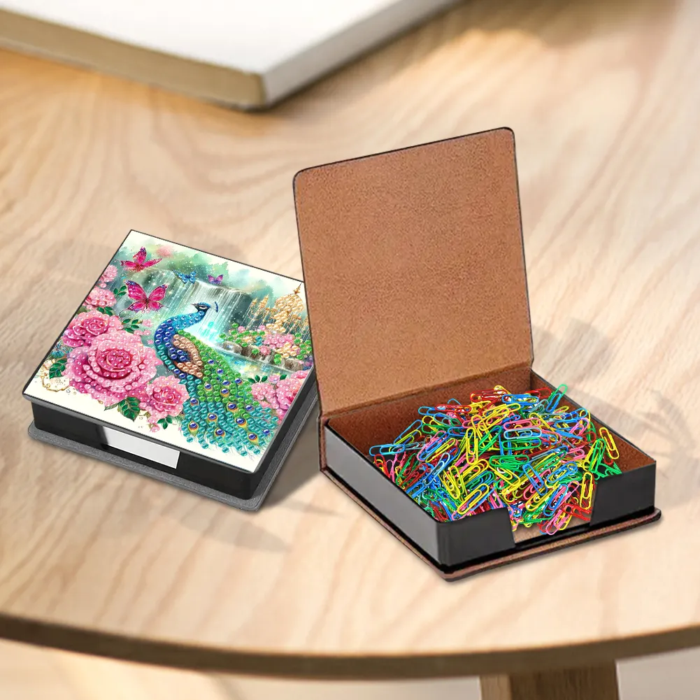 DIY Flower Peacock Leather Diamond Art Note Box with 160 Sheets of Paper for Beginners