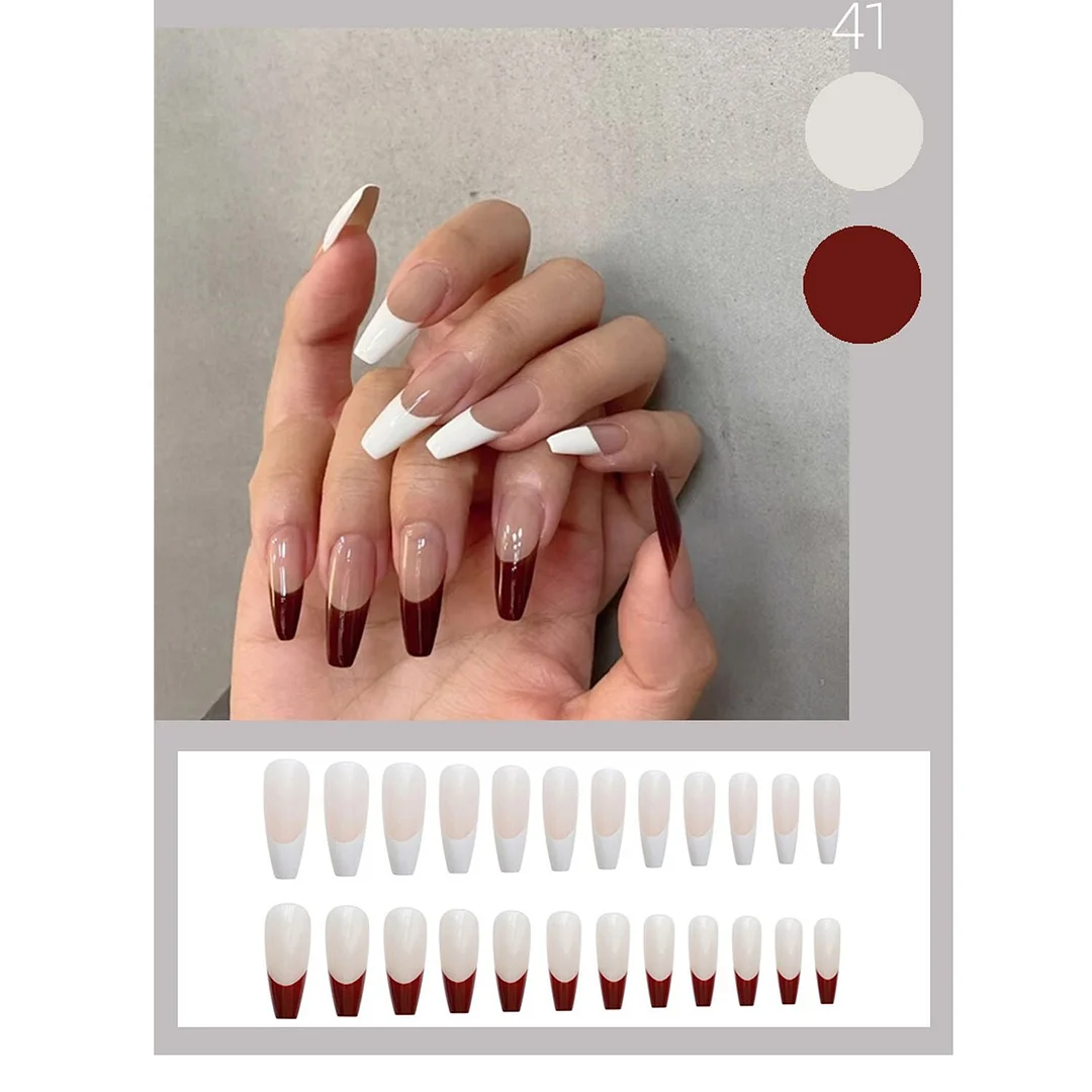 24pcs Fake nails long Frosted V-shaped French wearable false nails Detachable Full Cover with designs Coffin Ballerina Nail-Nail Inspo