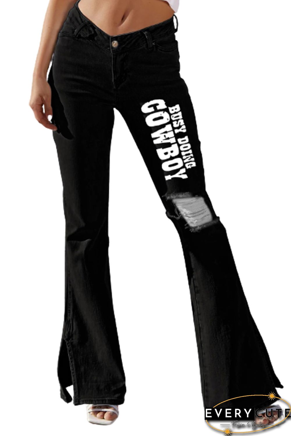Letter Print Side Split Distressed Flare Jeans