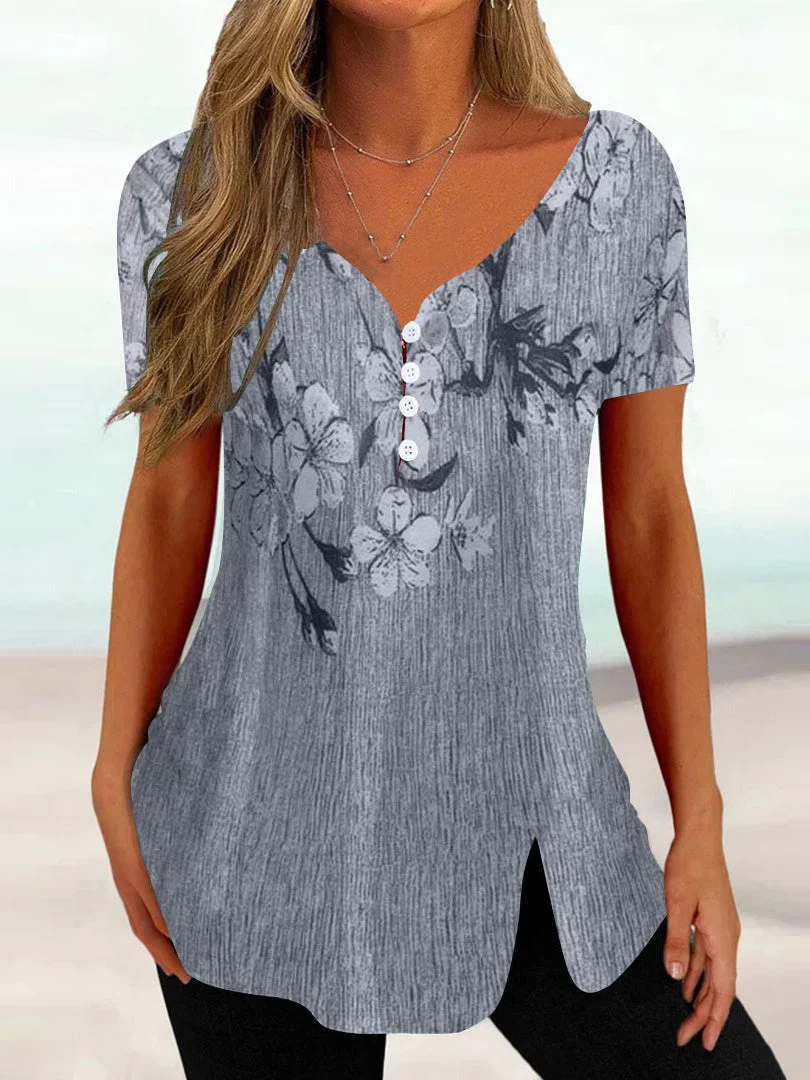 Women Short Sleeve V-neck Floral Printed Buttons Tops