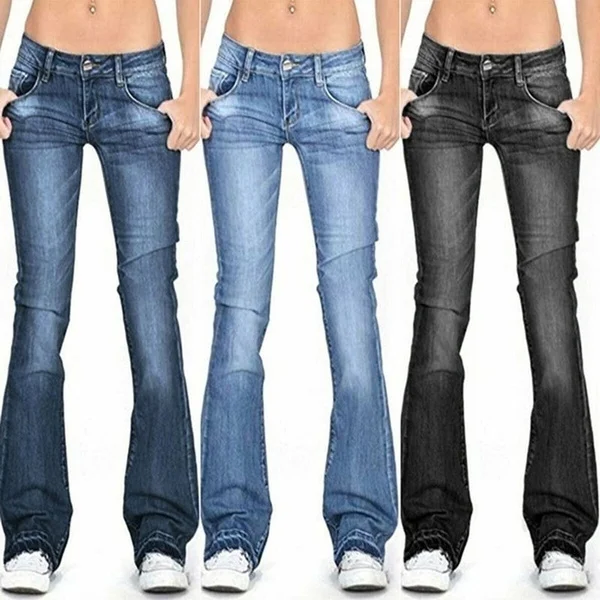 Women'S Fashion Button Slim Show Casual Thin Jeans Flared Trousers Long Pants