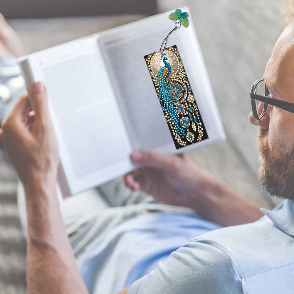 3Pcs Special Shape Peacock Diamond Painting Art Bookmark with Pendant for Books