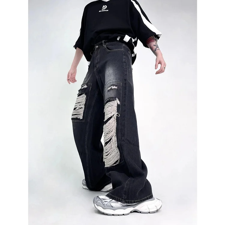 Dubeyi women star stitching tassel pants American retro high street jeans loose wide leg pants trendy punk y2k pants