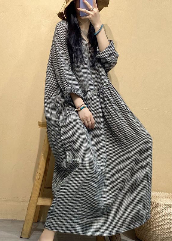VCSHOES Small Plaid V Neck Linen Long Dresses Fall