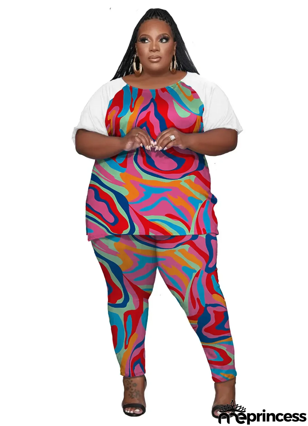 Women's cute Plus Size raglan print two-piece set