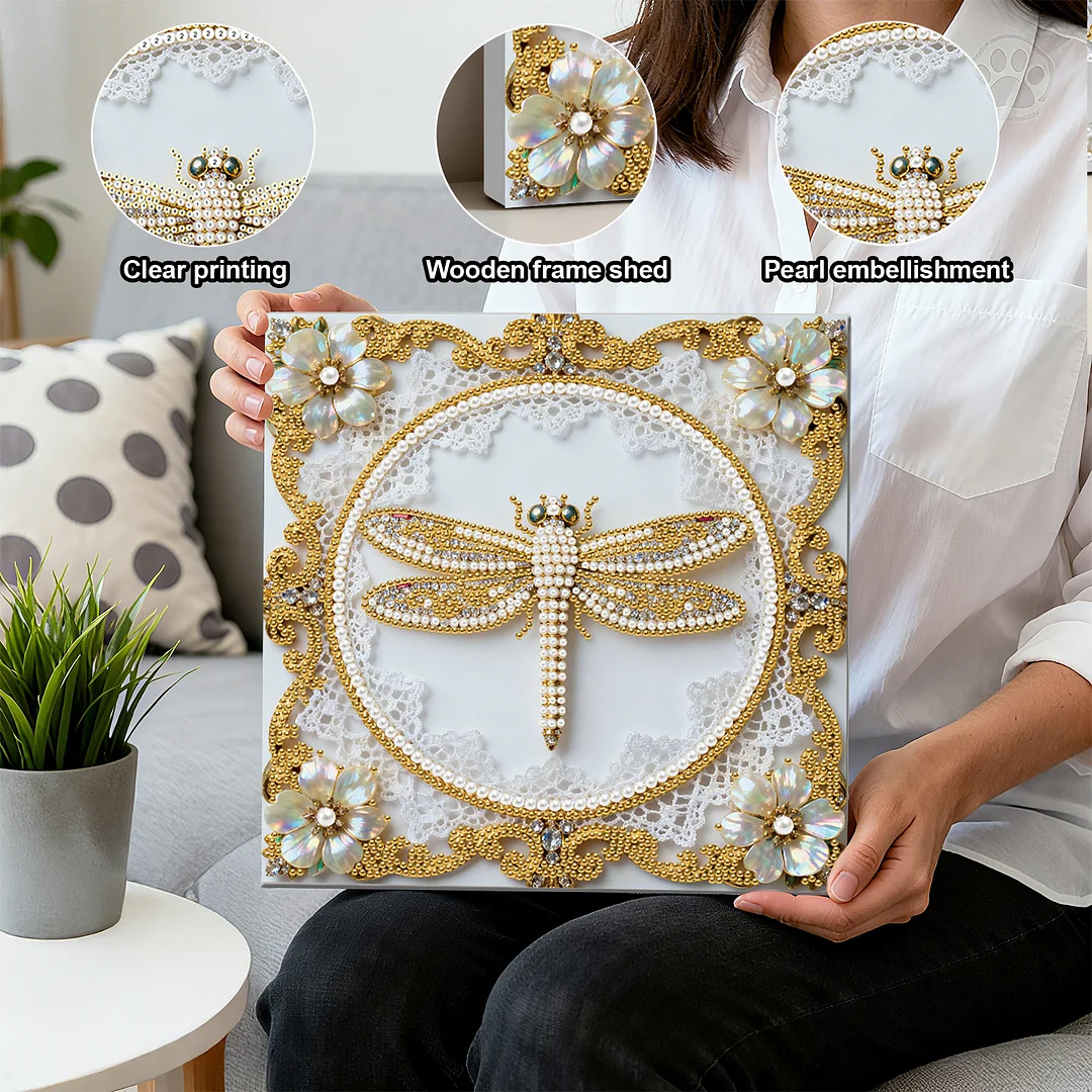 Dragonfly DIY Pearl Diamond Art Kit for Adults Home Decor 25x25cm With Frame