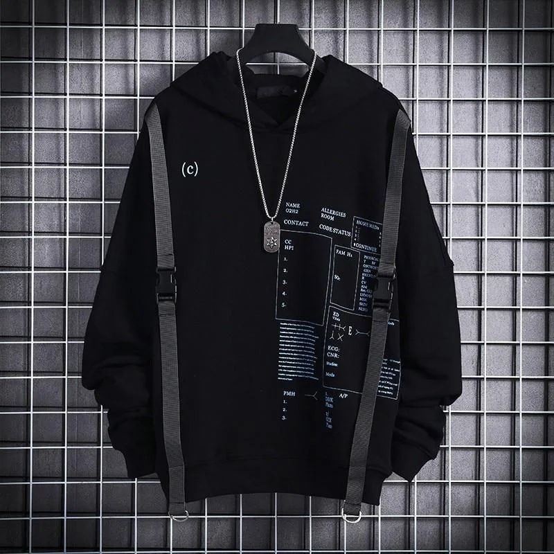 Ribbons Techwear Hip Hop Hooded Autumn Winter Hoodies Sweatshirts Men Sport Letter Casual Streetwear Black Male Pullover 1108