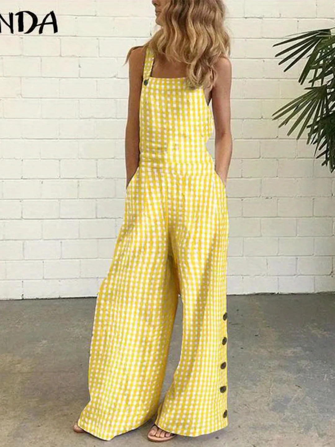 Women's Sleeveless Square Neck Wide Leg Checkered Jumpsuit - Vibrant Yellow & White Gingham Pattern, Casual All-Season Machine Washable Outfit, Summer Fashion | Backless Fashion | Relaxed Style | IFYHOME