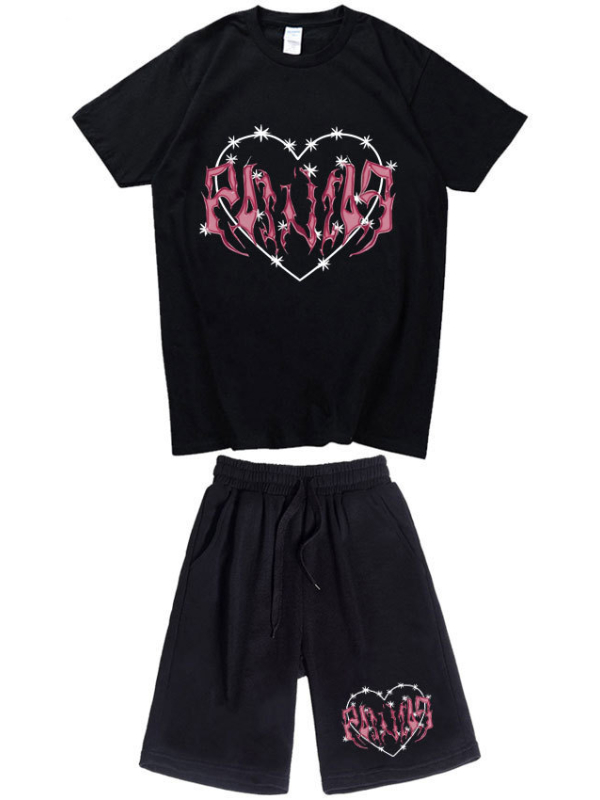 Gothic Dark Casual Sports Two Piece Letter Print Short Sleeve Crew Neck Sets