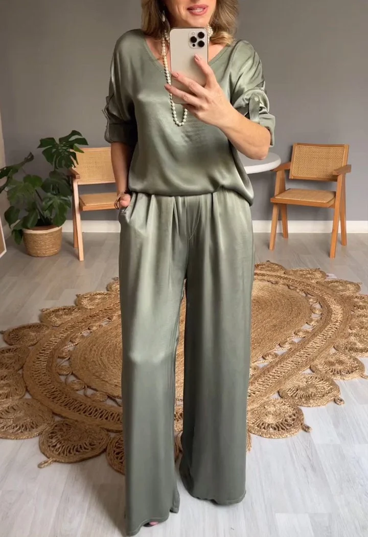 Round Neck Satin Mid-sleeve Two-piece Suit