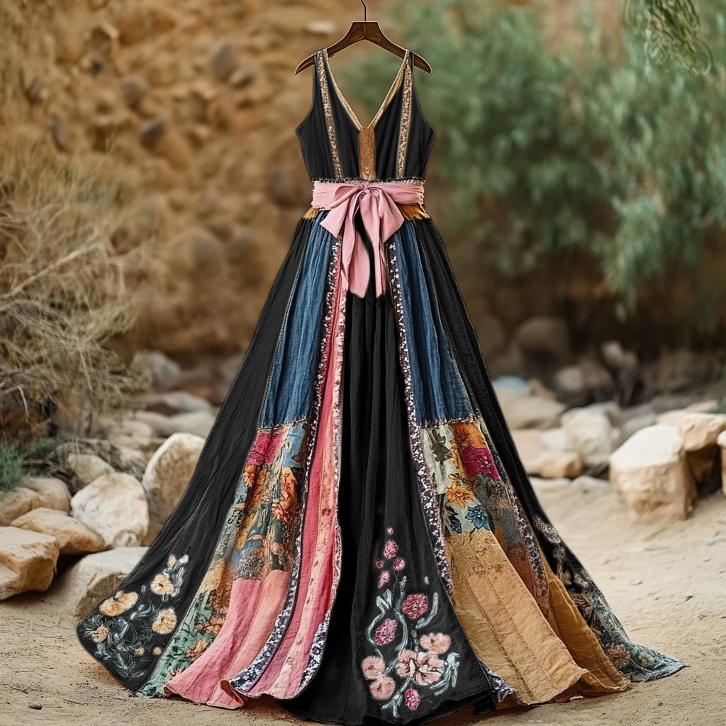 Women's Vintage Floral Art Linen Dress