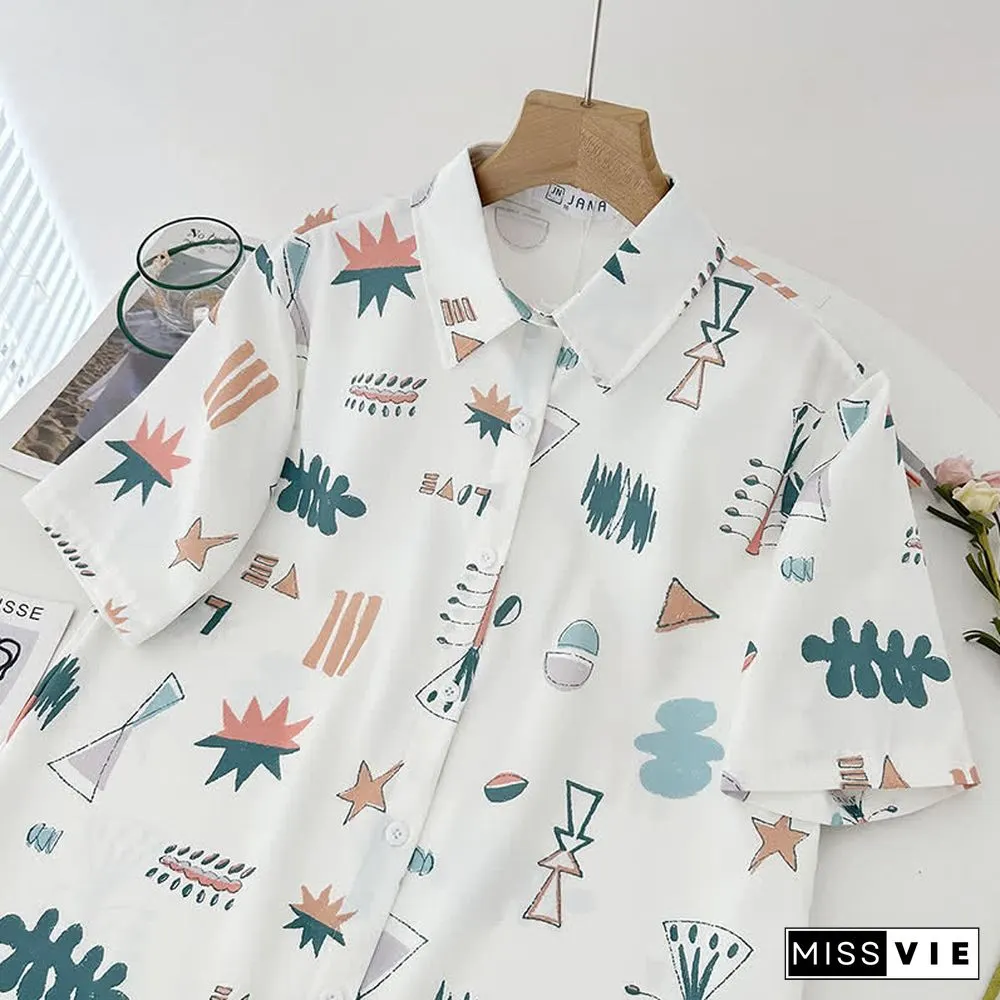 Cartoon Print Lapel Short Sleeve Loose Shirt