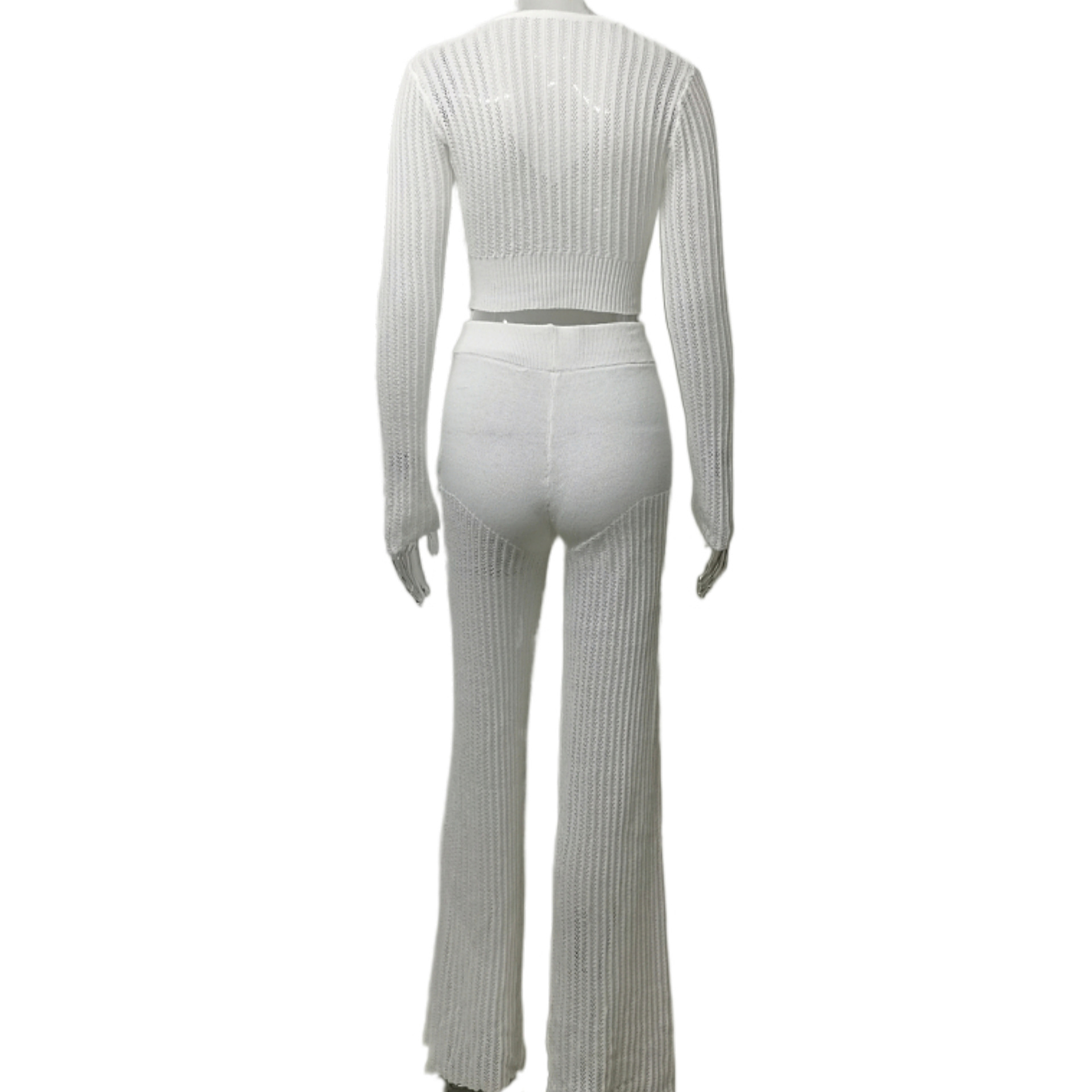 Ootddress Women Casual Knitted Sweater Outfits Buttons See-Through Long Sleeve High Waist Knit Two Piece Fashion Trousers Outfits