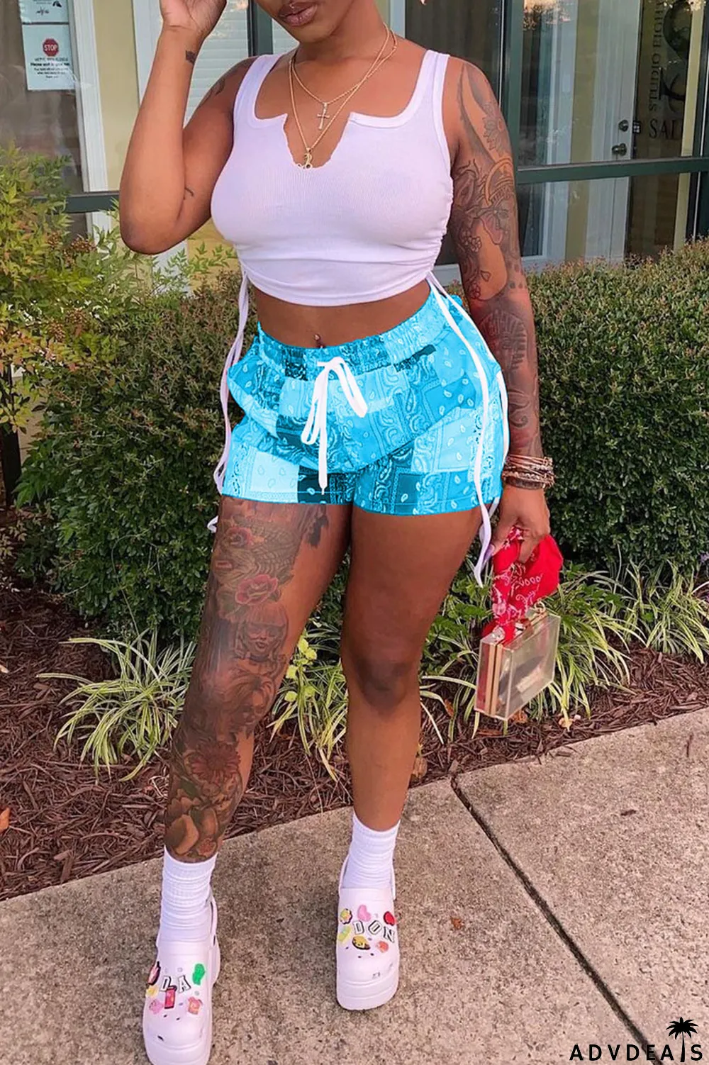 Grey Sexy Print Ripped Contrast Spaghetti Strap Sleeveless Two Pieces