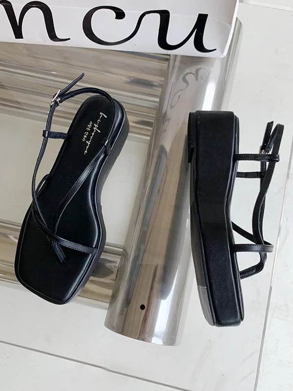 Belt Buckle Hollow Solid Color Square-Toe Platform Shoes Sandals