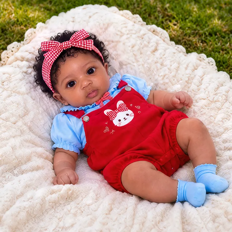 [Pre-Order]Babeside Elara 12"/16" Full Body Silicone African American Baby Girl Doll &ndash; Hand-Rooted Hair & Red Gingham Outfit
