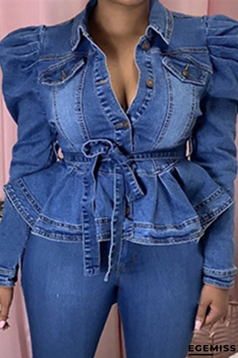 Blue Casual Solid Turndown Collar Long Sleeve Denim | EGEMISS