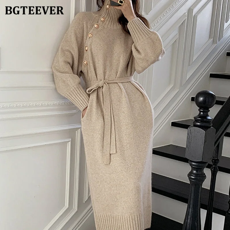 BGTEEVER 2020 Winter Turtleneck Buttons Women Knitted Mid-length Dress Elegant Lace-up Loose Female Sweater Dress Long Vestidos