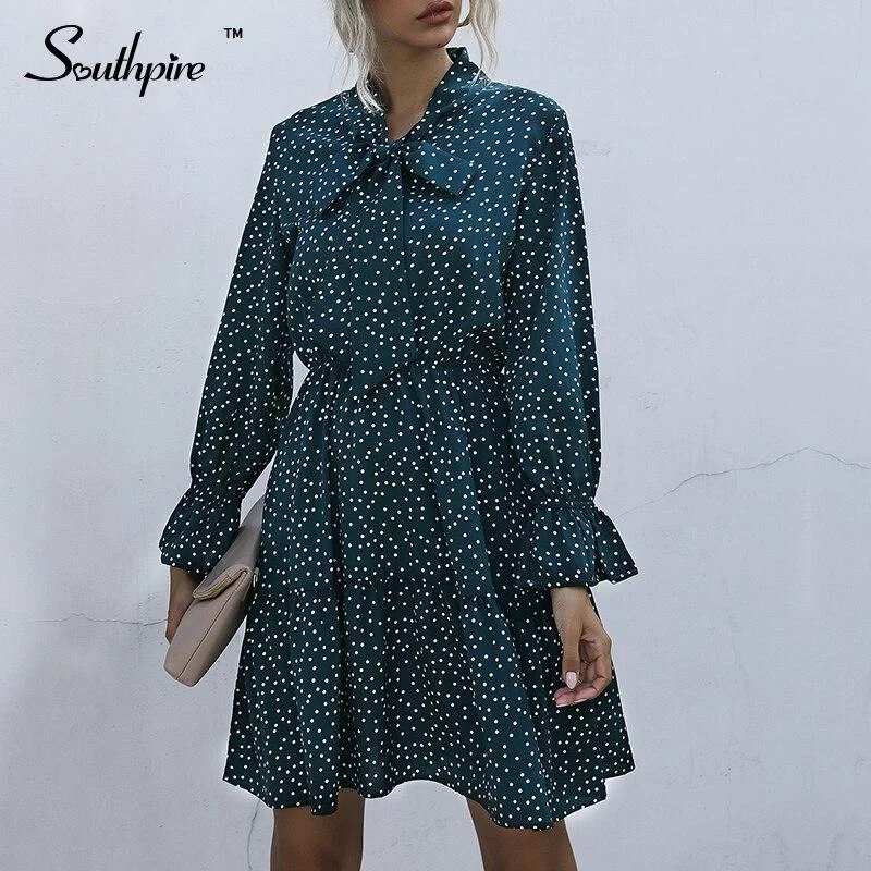 Back To College Southpire Women's Polka Dot Vintage Dress Elegant Fashion Bow tie Neck Party Dress Ladies Office Casual Clothing Winter 2023