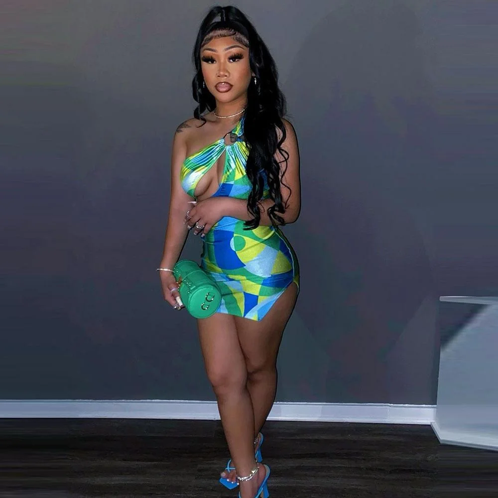 Sexy one shoulder hollow color block mini dress-zachics