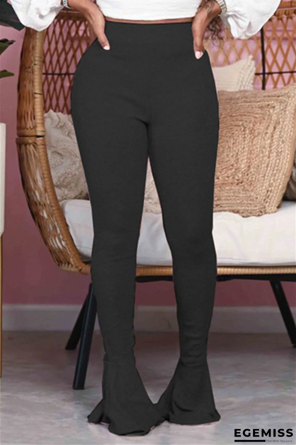 Black Fashion Street Adult Solid Flounce Boot Cut Bottoms | EGEMISS