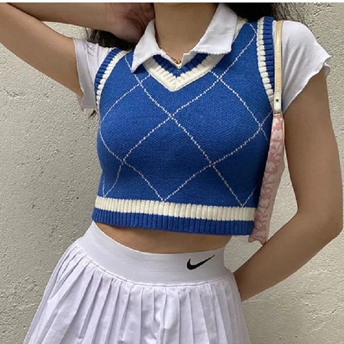 Sweater Vest Women Crop Tops Slim Sexy Harajuku Y2K Blue Argyle Teens Outwear Comfortable Trendy Ins Retro Korean Style Stretchy