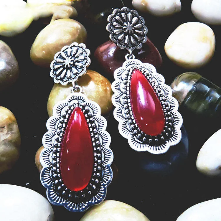 Vintage Inlaid Long Drop Shape Ruby Earrings