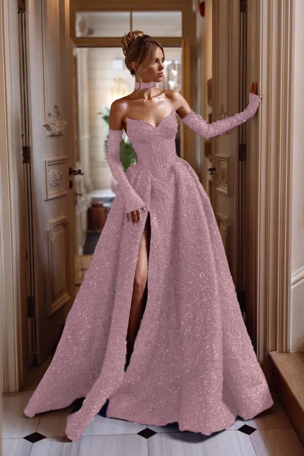 Hidais Strapless Sleeveless Long Split Prom Dress With Sequins Detachable sleeves
