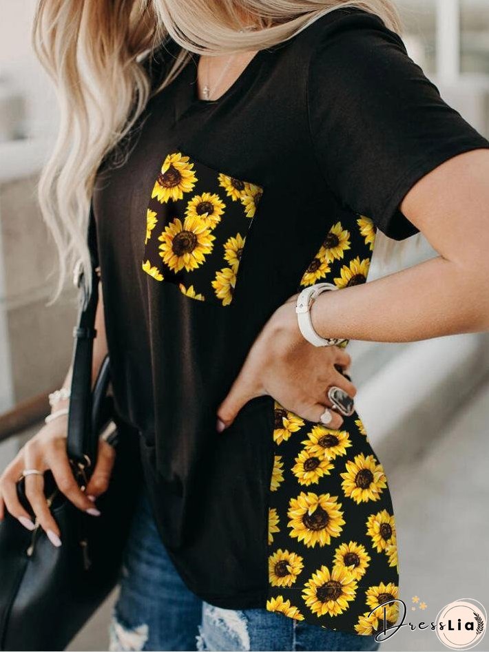 Printed Pocket V-neck Short-sleeved T-shirt