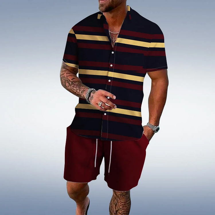 BrosWear Casual Colorblock Stripe Print  Shirt And Shorts Co-Ord