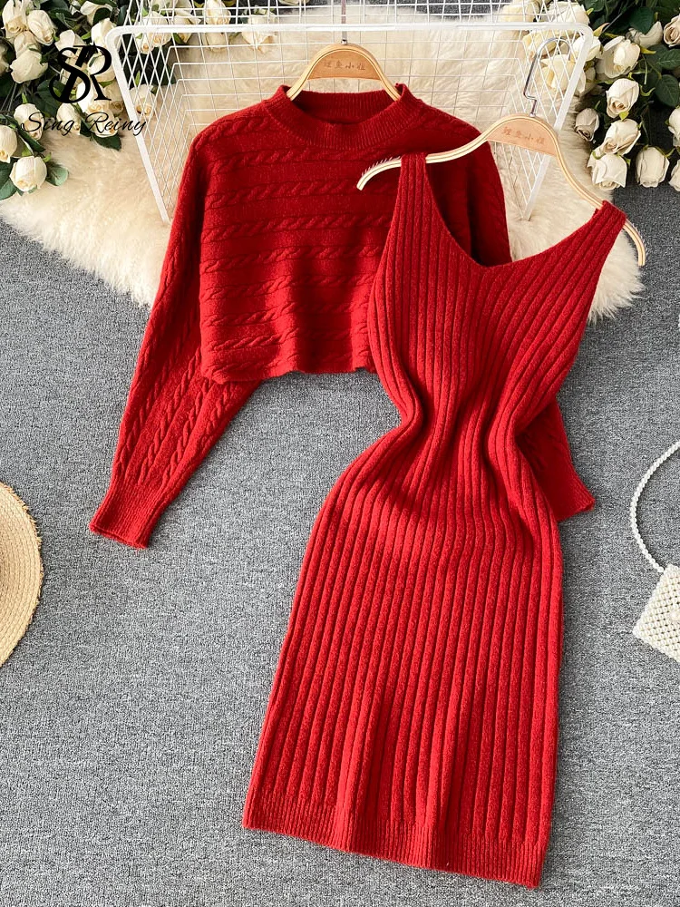 Huibahe Autumn Knitted Dress Suits Women O Neck Long Sleeves Short Pullover+Strap Elastic Dress Korean Sweater Two Pieces Sets