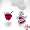 Angel And Devil Pink Heart Stud Earrings 925 Sterling Silver 