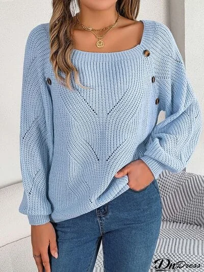 Openwork Buttoned Square Neck Sweater