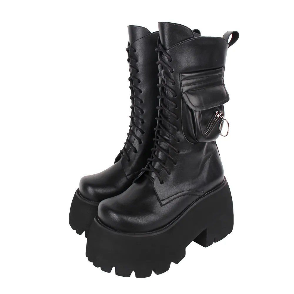 VCshoes Women Motorcycle Cool Punk Mid-calf Boots Lady Dark Style Shoes Woman Gothic High Heels Pumps Zip Bag Black Boots 33-41