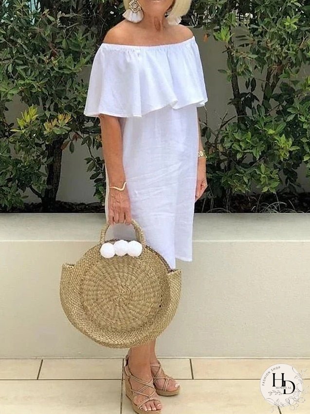 Casual Dress Cotton Linen Dress Shift Dress Midi Dress Cotton Blend Fashion Basic Outdoor Daily Vacation Off Shoulder Ruffle Short Sleeve Summer Spring Loose Fit White Plain S M L XL 2XL for Women