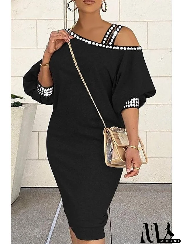 Women's Plus Size Work Dress Pure Color Spaghetti Straps 3/4 Length Sleeve Spring Fall Stylish Elegant Midi Dress Formal Work Dress