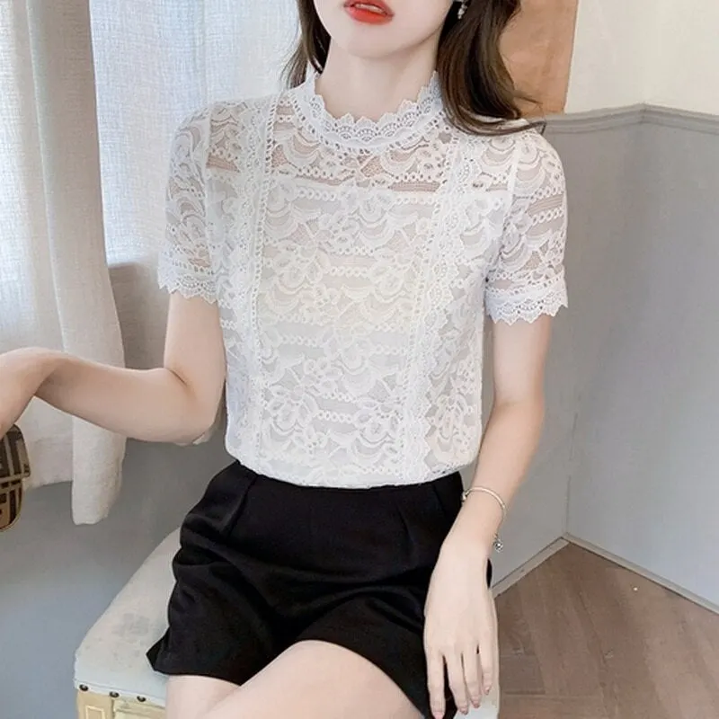 White Lace Shirt Women's Short Sleeve Top Korean O Neck Blouse Summer Fashion Loose Hollow Out Floral Chiffon Shirt Blusas 15211