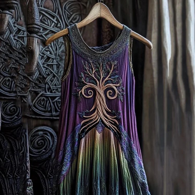 Vintage Viking Celtic Tree Gradient Linen Comfy Midi Dress