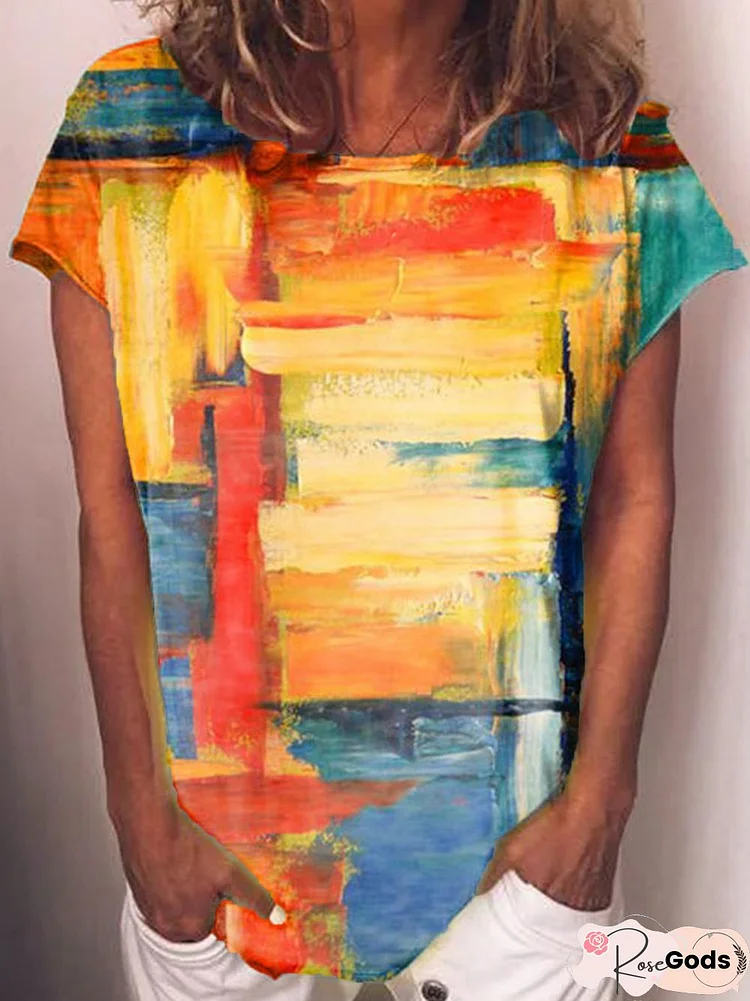 Short Sleeve Cotton Color-Block Graffiti T-Shirt