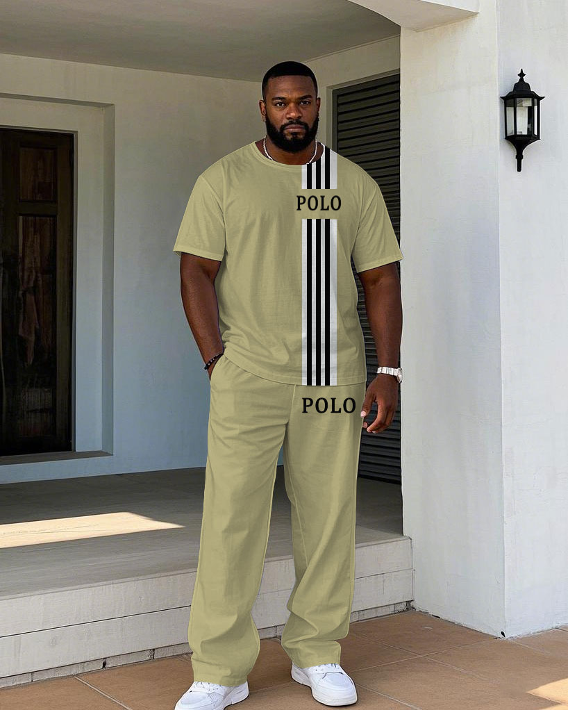 Men's Plus Size Khaki Fashion Color Slimming Chest Small Label Printed Short-sleeved T-shirt Trousers Suit