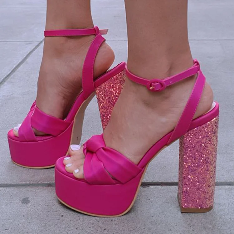 Hot Pink Platform Sandals Summer Ankle Strap Glitter Chunky Heels |FSJ Shoes